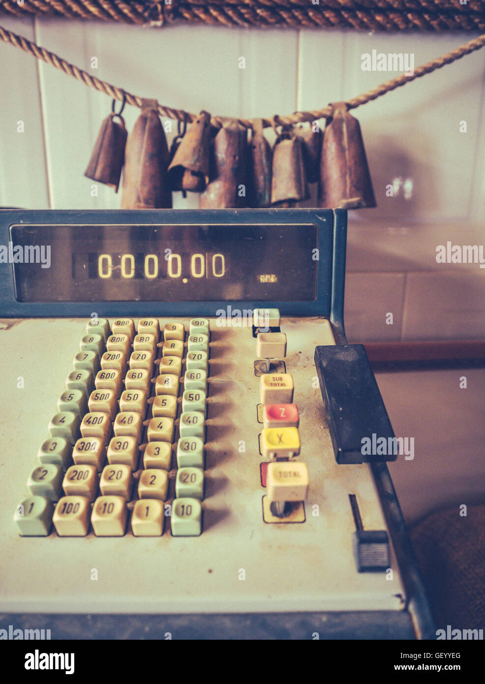 Details of an dirty old rusty vintage cash register Stock Photo