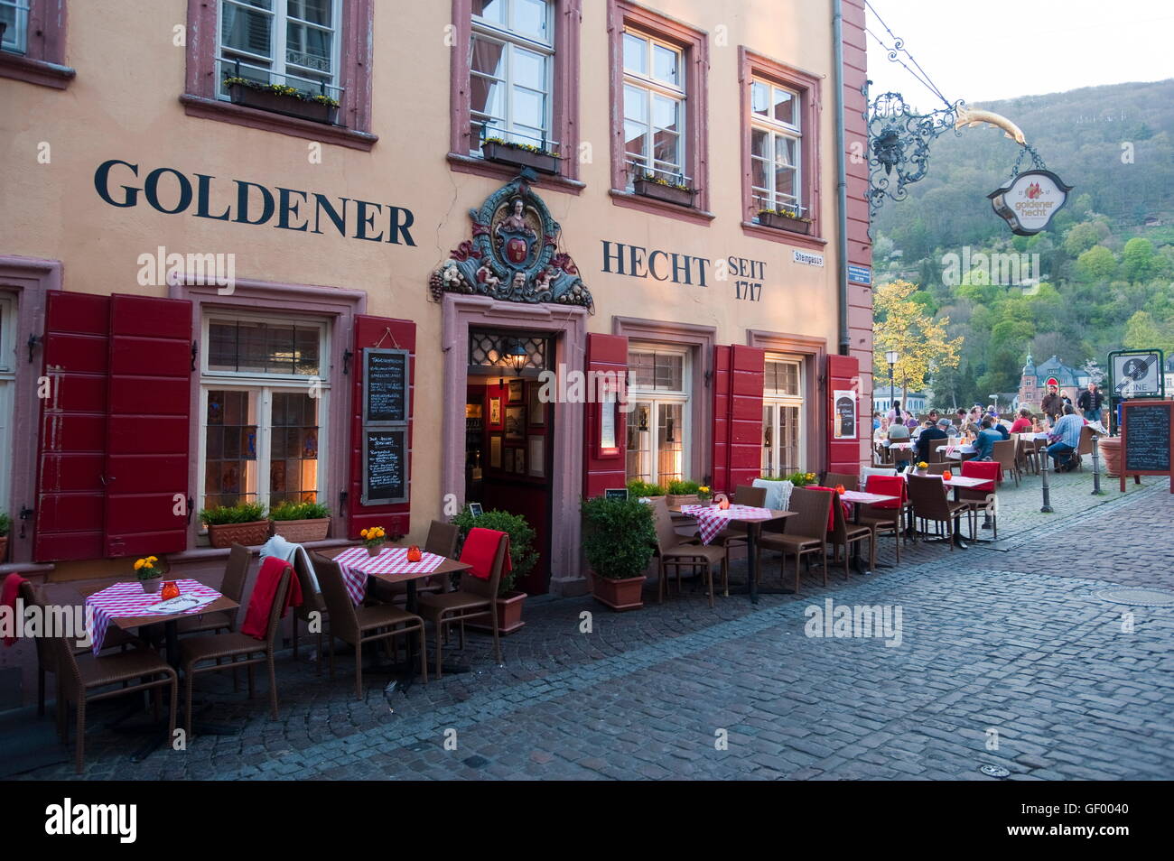 geography / travel, Germany, Baden-Wuerttemberg, street restaurant 'Goldener Hecht' at Steingasse, Heidelberg, Stock Photo