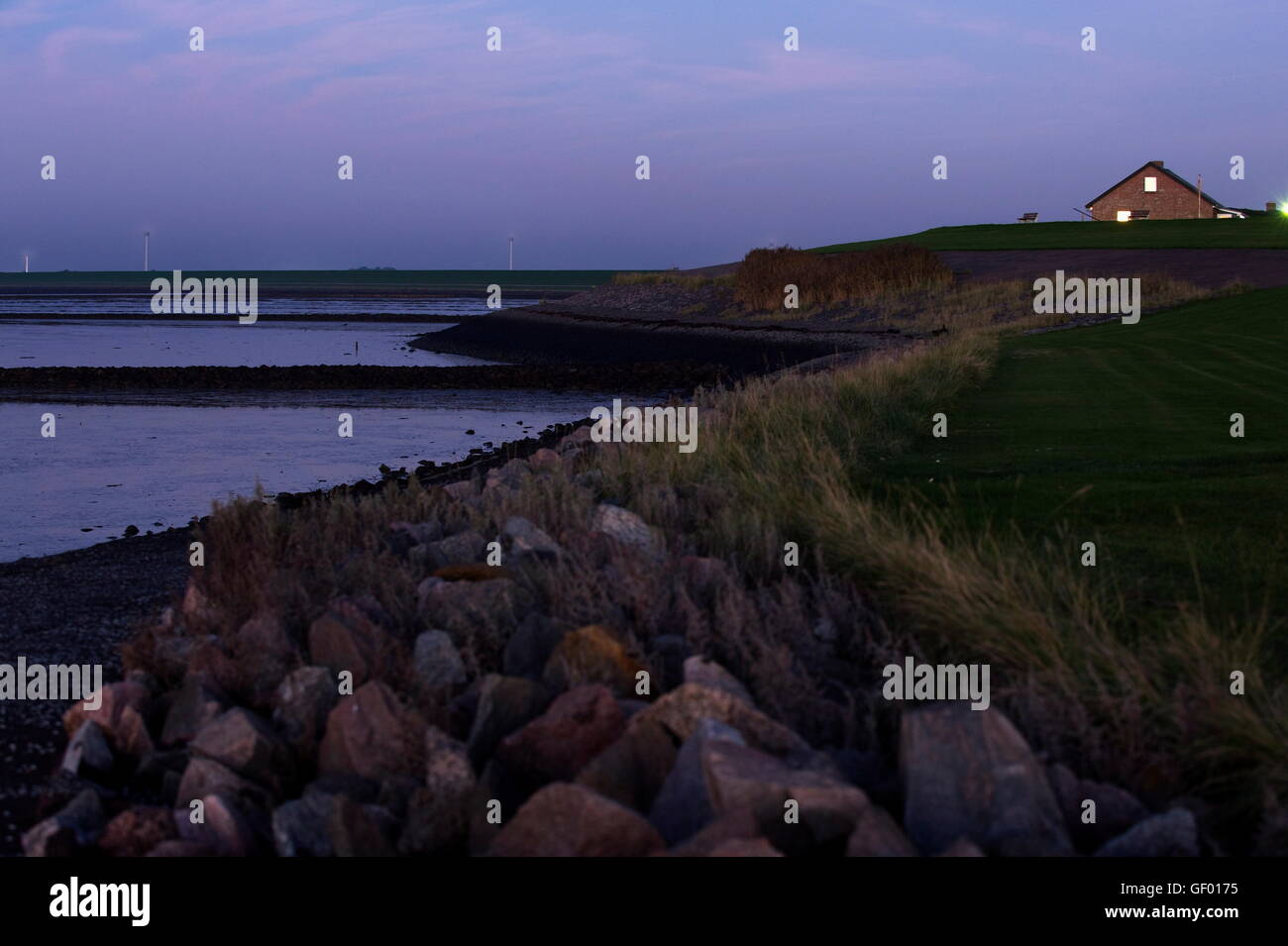 geography / travel, Germany, Schleswig-Holstein, Norderhafen, houses and bench on dyke at morning dawn, Stock Photo