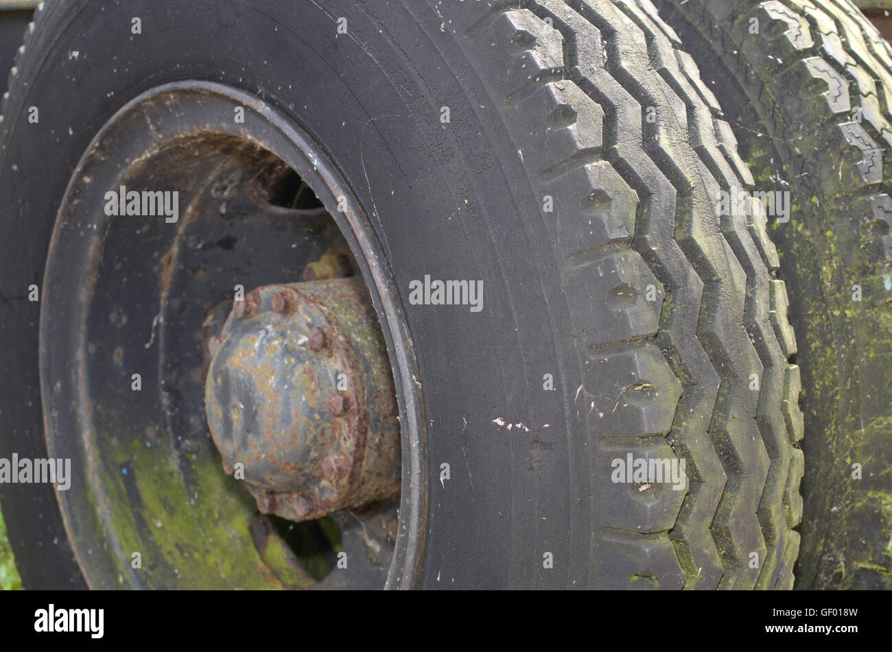 Old wheels and tyres from a commercial vehicle Stock Photo