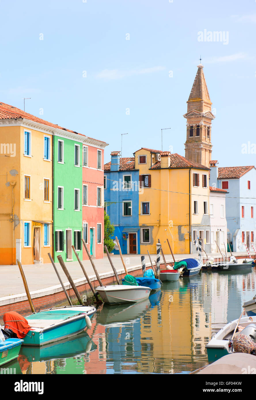 Colourful buildings and their reflections in Burano. Stock Photo