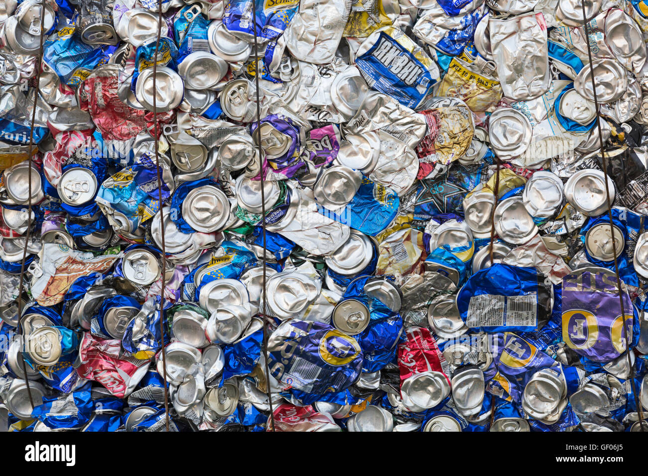 Crushed drink cans recycling on display at New Forest & Hampshire
