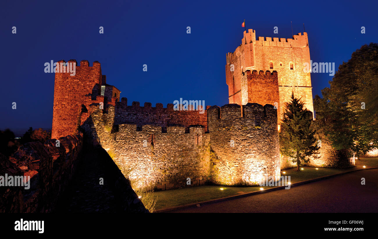 Portugal, Tras-os-Montes: Nocturnal view of the medieval Castle of Braganca Stock Photo