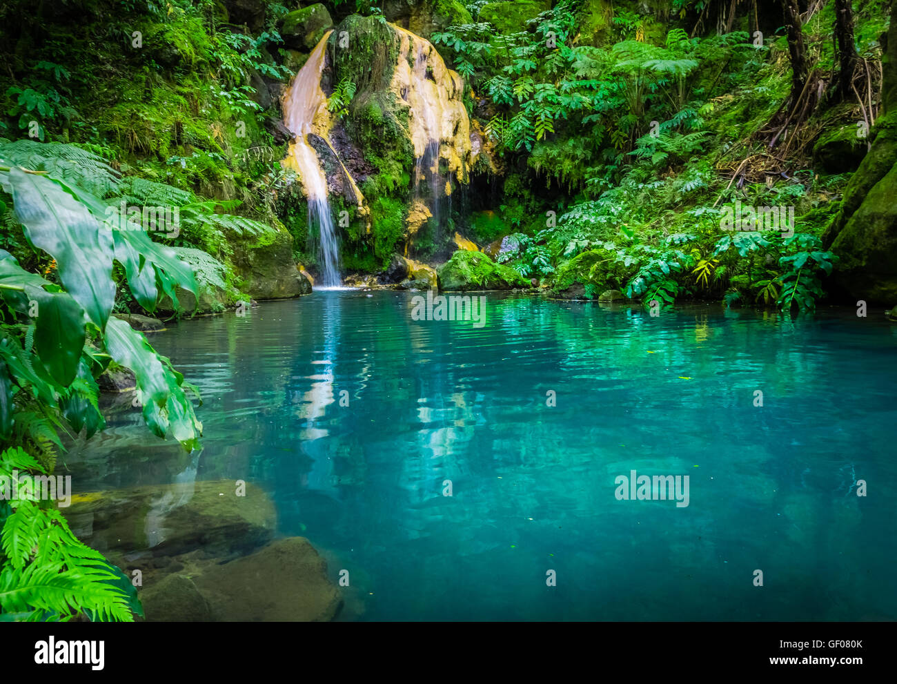 Stunning torquise hot water pool of the hot springs in Caldeira Velha,  Sao Miguel Island, Azores, Portugal Stock Photo