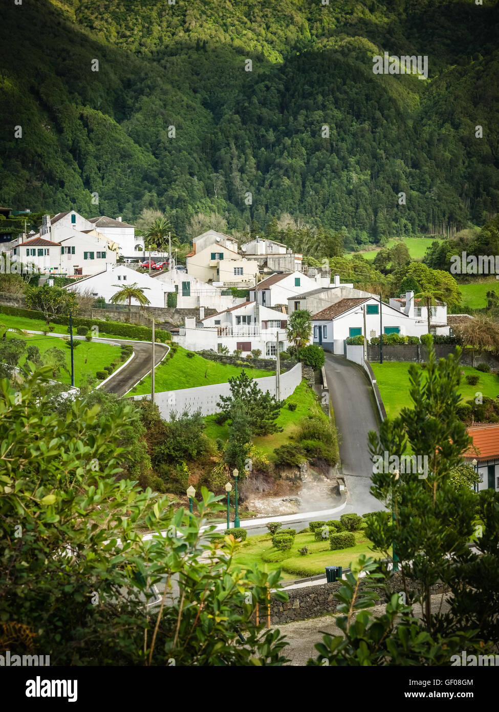 White homes in Furnas town, which lies in the volacano crater, Sao