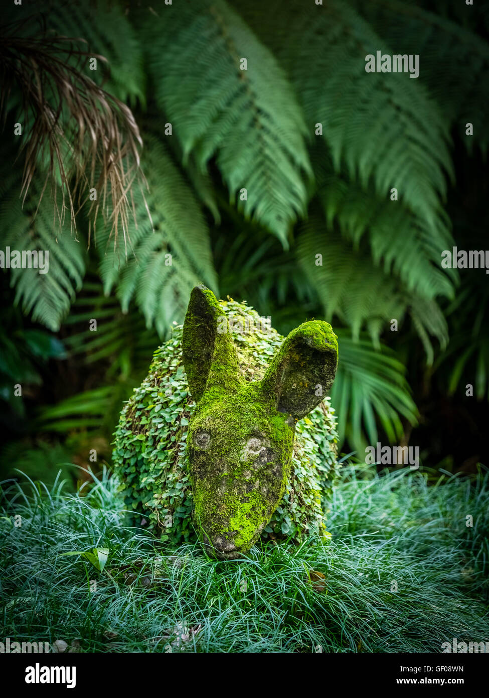 Moss covered rabbit sculpture in The Terra Nostra Garden in Furnas, on