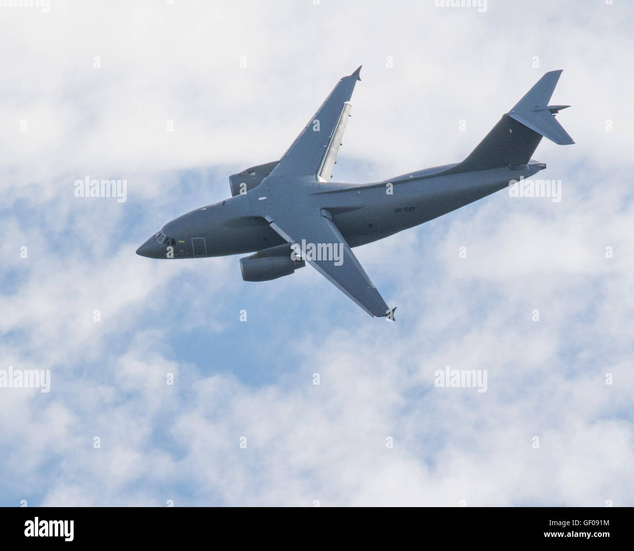 Antonov An-178 is a short-range medium-airlift military transport aircraft  flying at the 2016 Farnborough Air Show Stock Photo