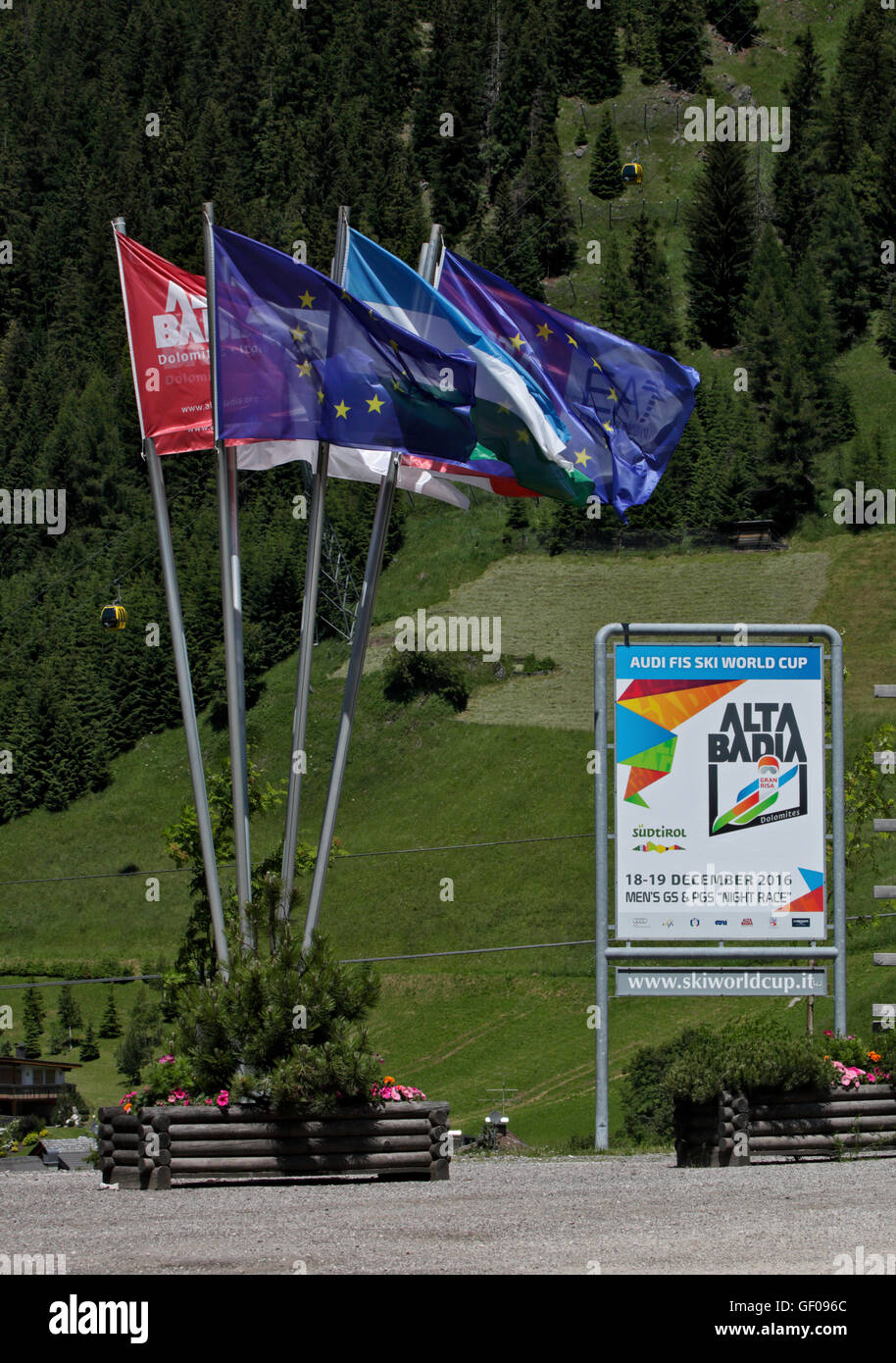 European and Alta Badia Flags, Corvara, Italy Stock Photo