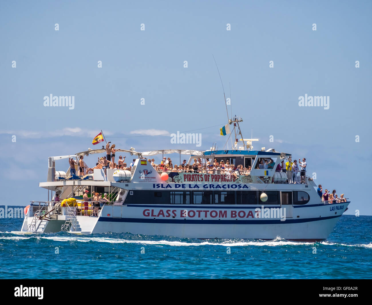 Small private party boat sailing between Lanzarote and Fuerteventura