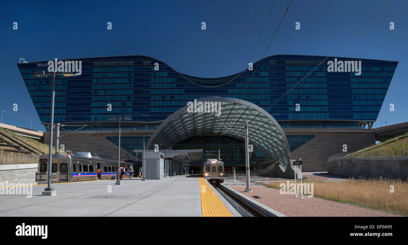 Denver, Colorado Light rail passenger trains at Denver International