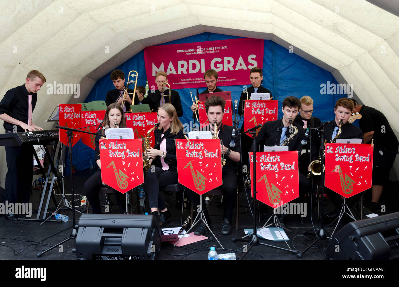 The St. Aiden's Swing Band (school band) playing at the Mardi Gras, part of the Edinburgh Jazz Festival. Stock Photo