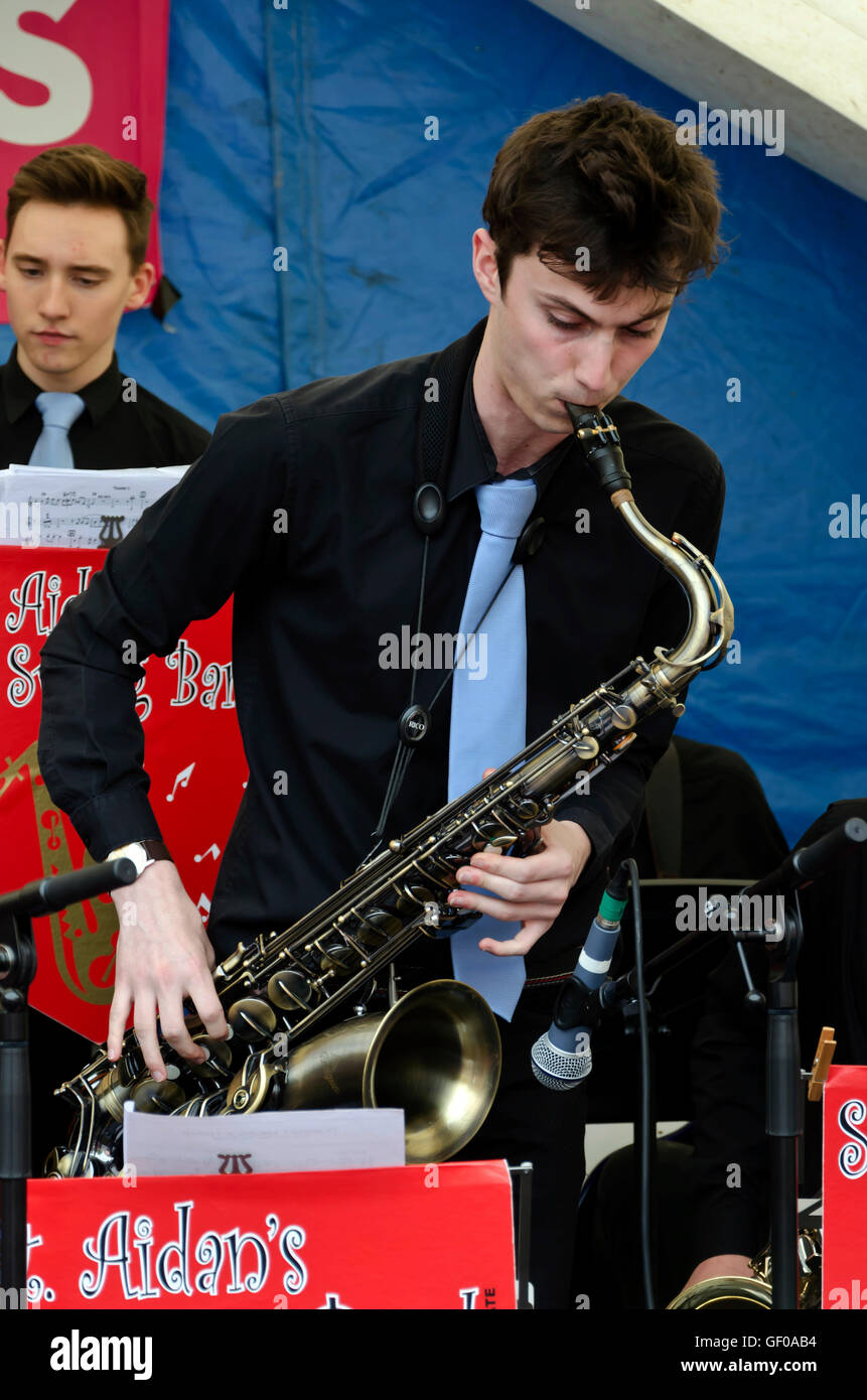 Saxophone player with the St. Aiden's Swing Band (school band) playing