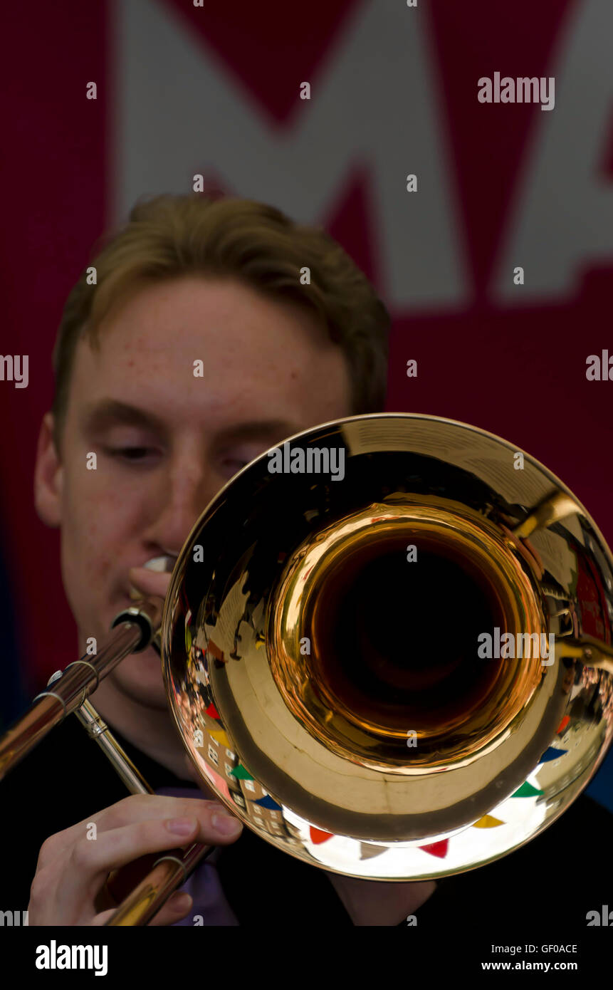 Trombone player with the St. Aiden's Swing Band (school band) playing