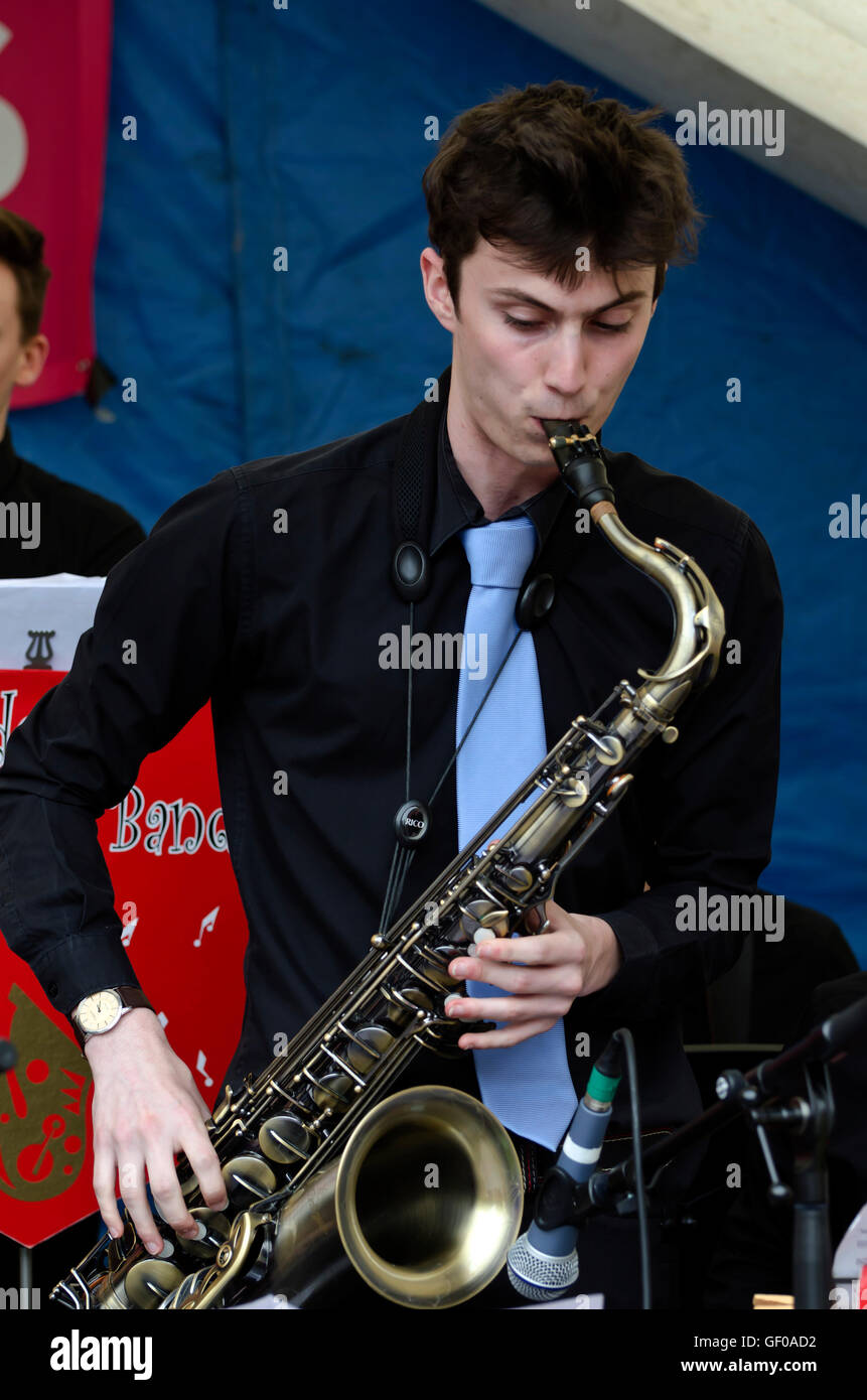 Saxophone player with the St. Aiden's Swing Band (school band) playing