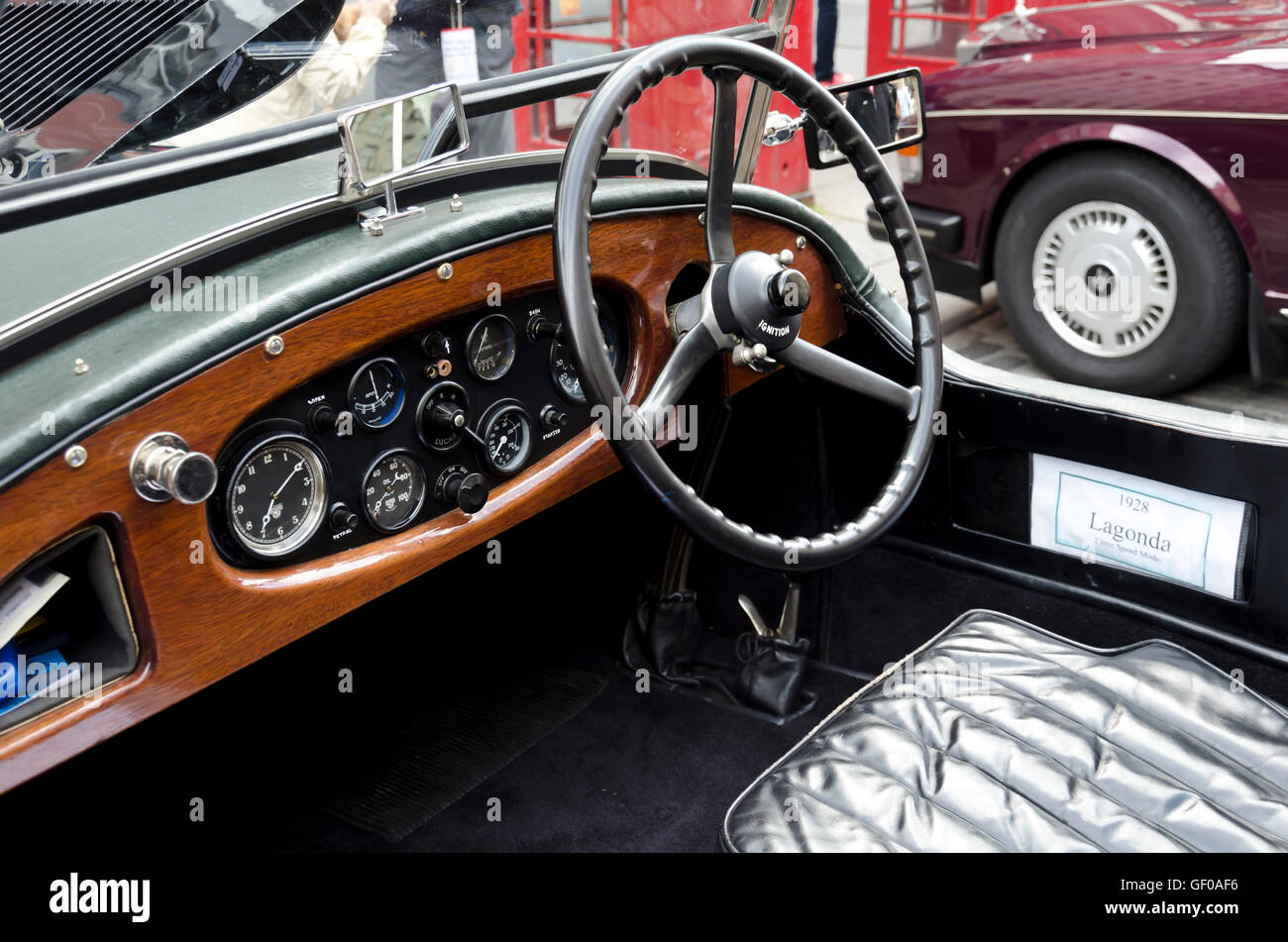 The dashboard (control panel) of a 1928 Lagonda sports car on display in the Royal Mile, Edinburgh. Stock Photo