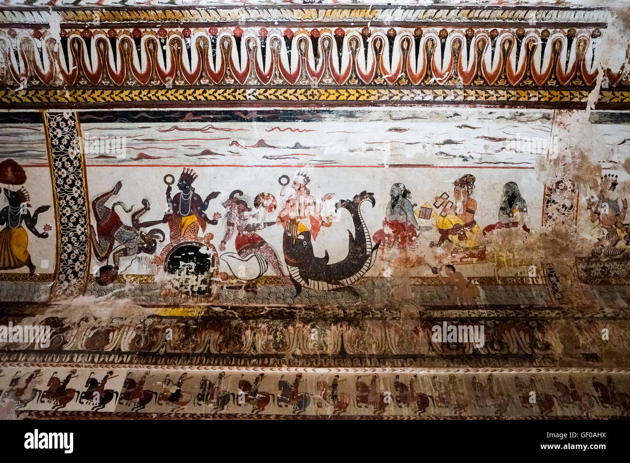 Wall paintings at the 17th-century Jahangir Mahal citadel in Orchha Palace, Madhya Pradesh, India. Stock Photo