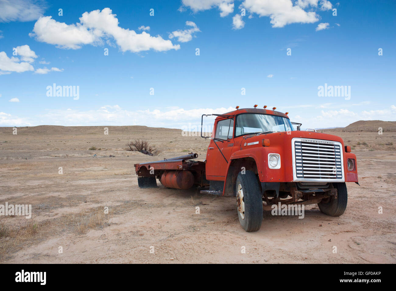 Old red International Harvester truck abandoned in the Utah desert Stock Photo