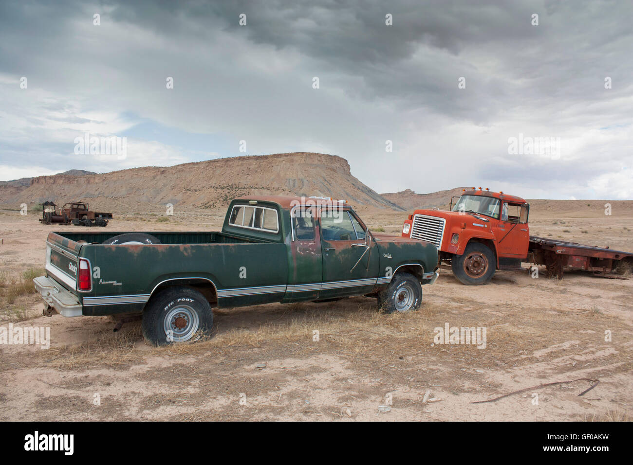 Two abandoned trucks in the desert near Thompson Utah Stock Photo