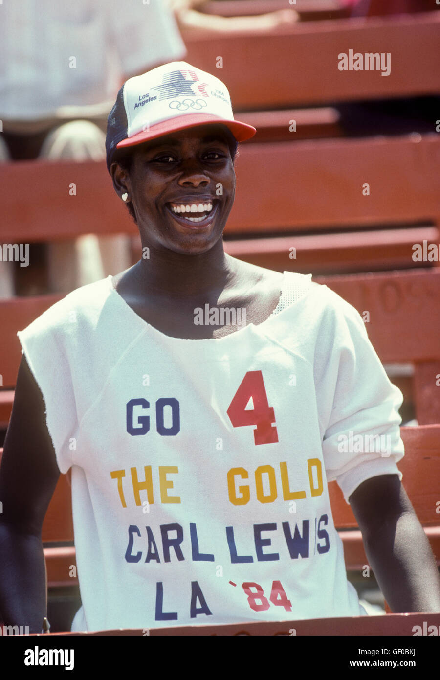 American fan rooting for Carl Lewis at L.A. Memorial Coliseum during 1984 Olympic Games in Los Angeles. Stock Photo