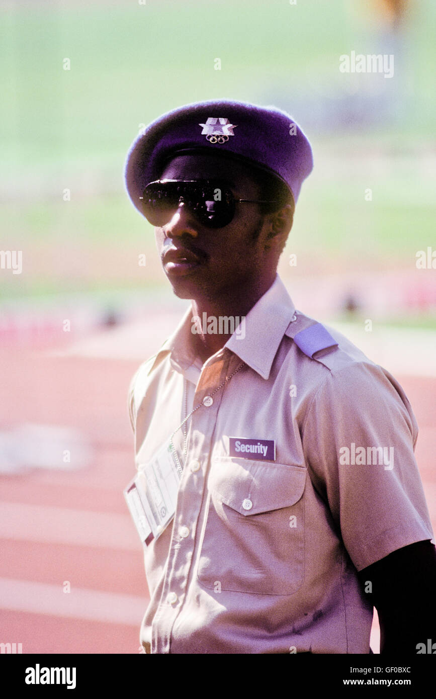 Security guard at Olympic venue during 1984 Olympic Games in Los Angeles. Stock Photo