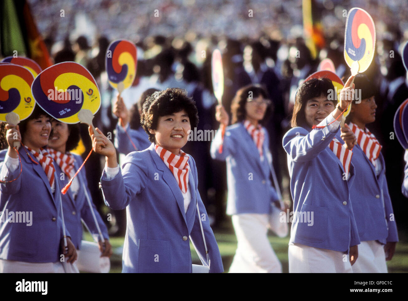 South Korean team marches in stadium during opening ceremonies at 1984 Olympic Games in Los Angeles. Stock Photo