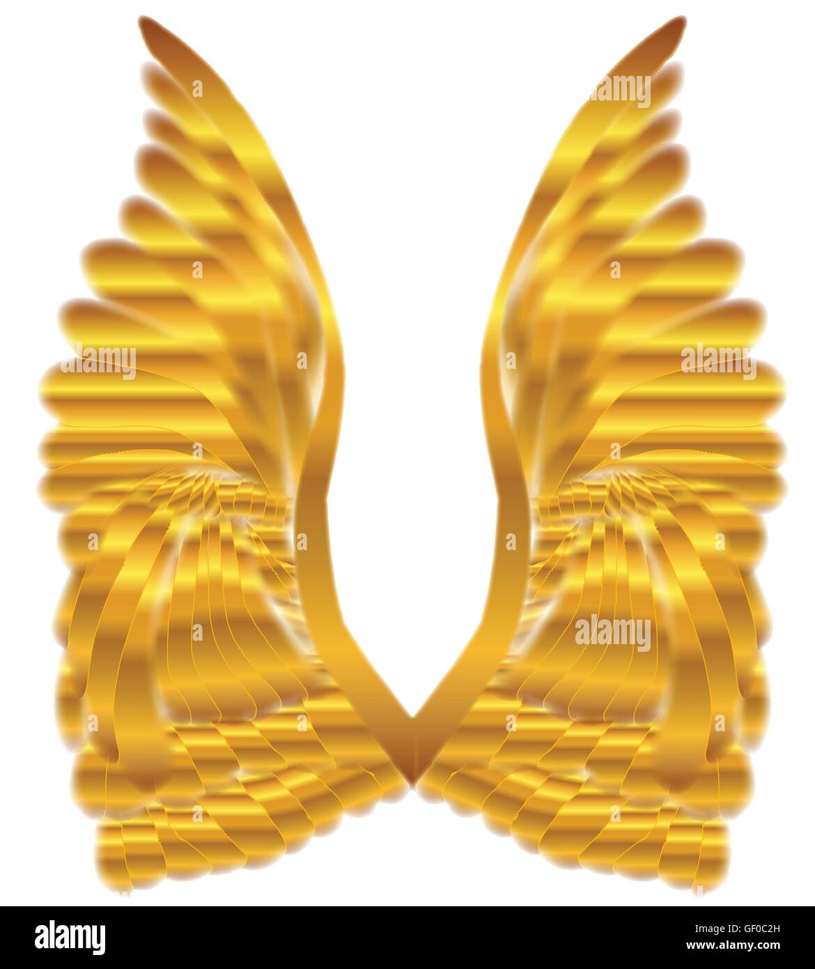 A large pair of golden angelic wings over a white background Stock Vector