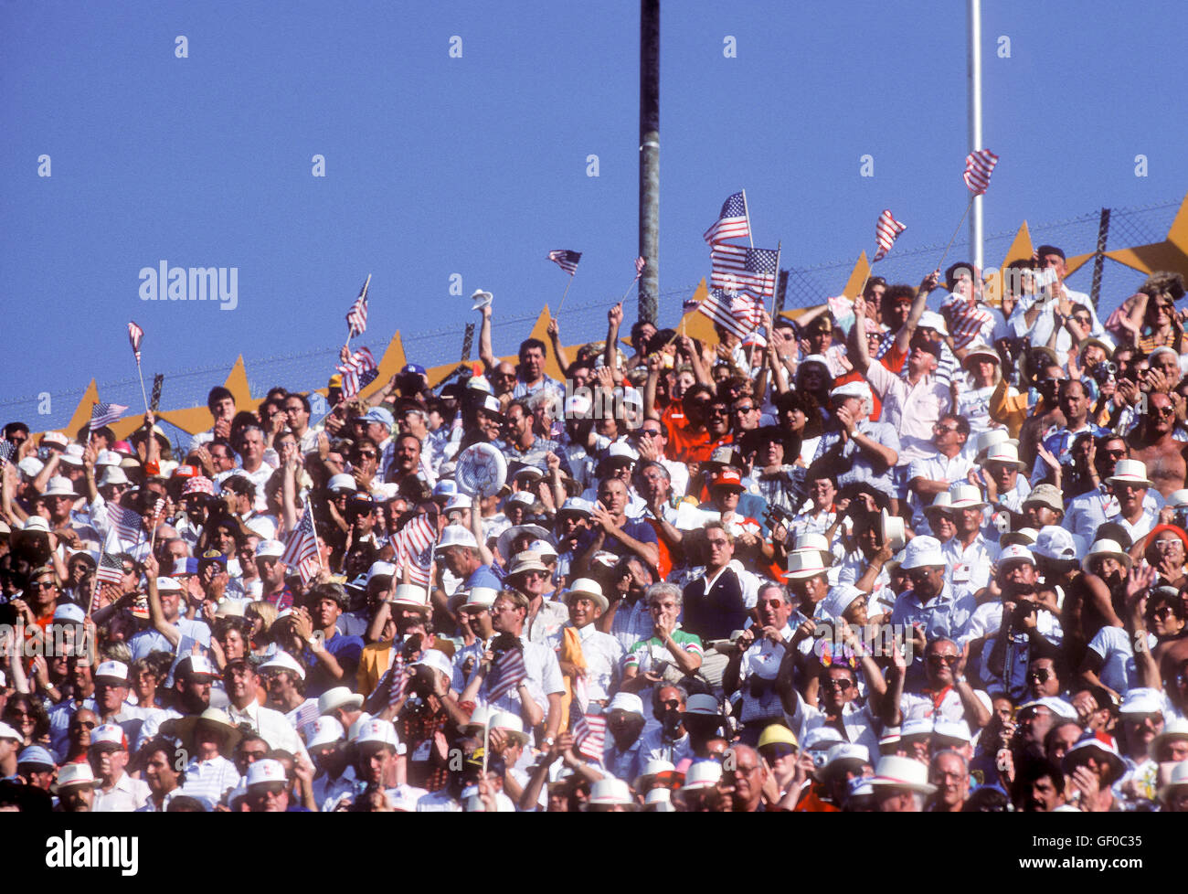 Crowd cheering in stadium at 1984 Olympic Games in Los Angeles. Stock Photo