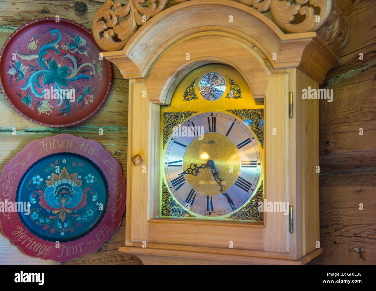 Grandfather Clock, and ceramic plates, B&B restaurant, Norway, More of romsdal, Scandinavia,European Stock Photo