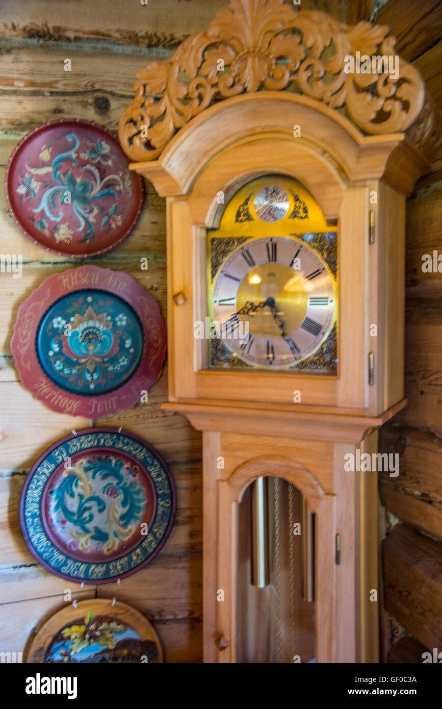 Grandfather Clock and Ceramic Plates. B&B restaurant near Lillehammer, Norway, More go romsdal, Scandinavia Stock Photo