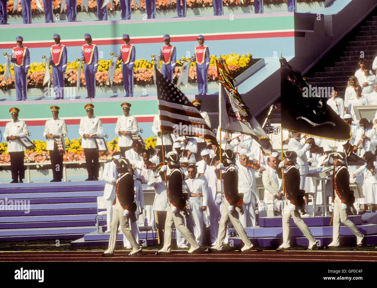Flag ceremony during Opening Ceremonies at L.A. Memorial Coliseum during 1984 Olympic Games in Los Angeles. Stock Photo