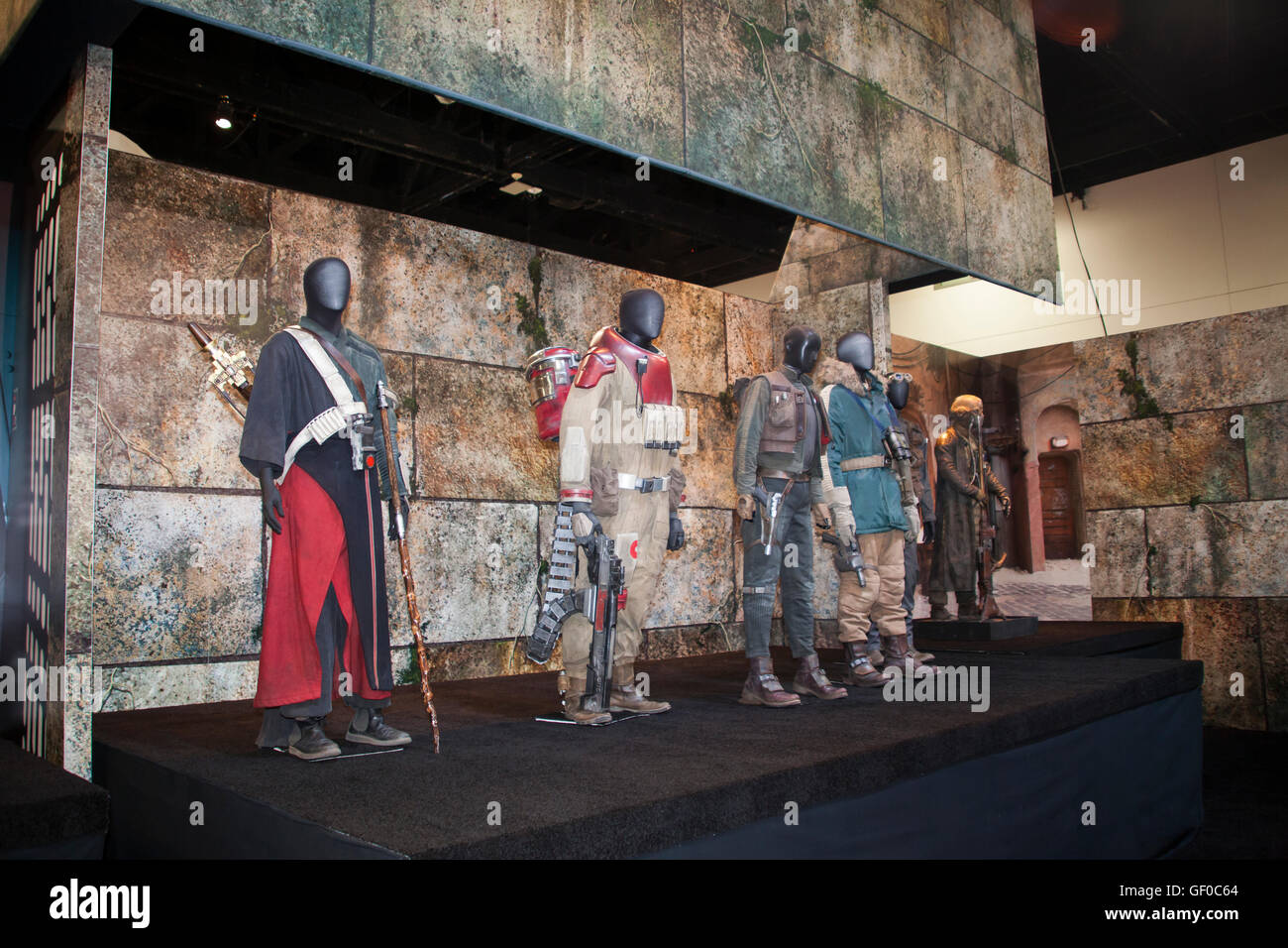 Screen used costumes from the film Star Wars Rogue One on display at