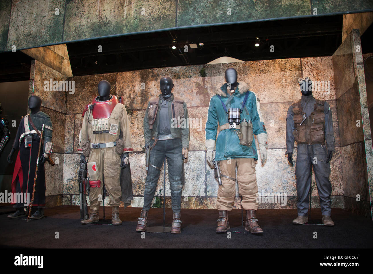 Screen used costumes from the film Star Wars Rogue One on display at