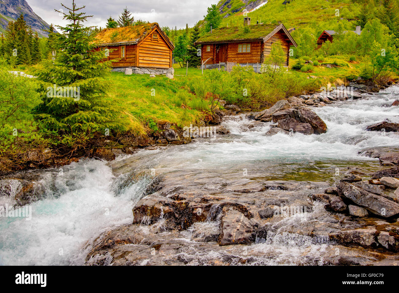 Trollistigen, River, cabins, campsite rentals.Reinheimen National Park, Norway, Scandanavia, European Stock Photo