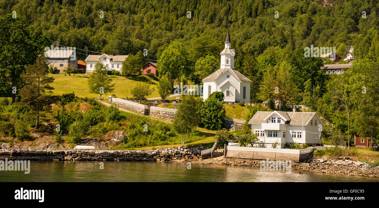 Town of Lavik situated on the Sognefjorden, Sognog Fjordane, Gloppen Ferry Stop between Lavik & Oppedal, Norway, Scandinavia, Stock Photo