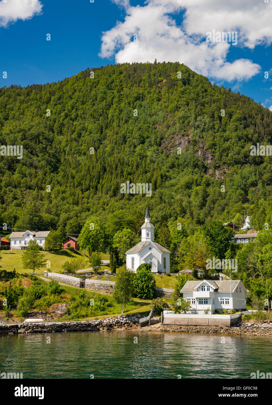 Town of Lavik situated on the Sognefjorden, Sognog Fjordane, Gloppen Ferry Stop, Norway, Scandinavia, European Stock Photo