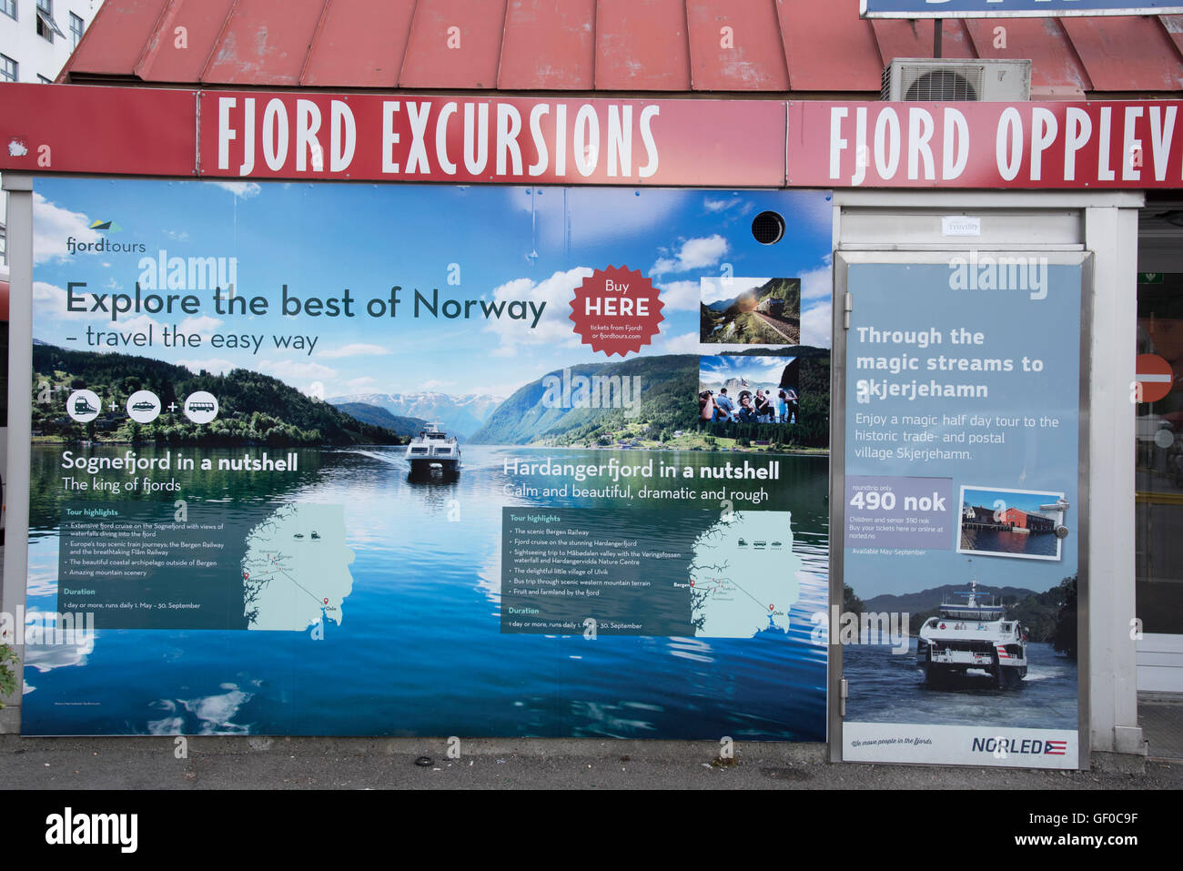 Fjord Excursions billboard, Bergen Touist Information Center, Bergen, Norway, Scananavia, Europen Stock Photo