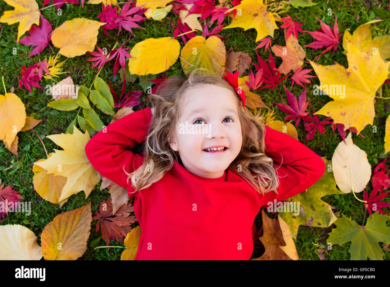 Happy little girl playing in beautiful autumn park on warm sunny fall ...