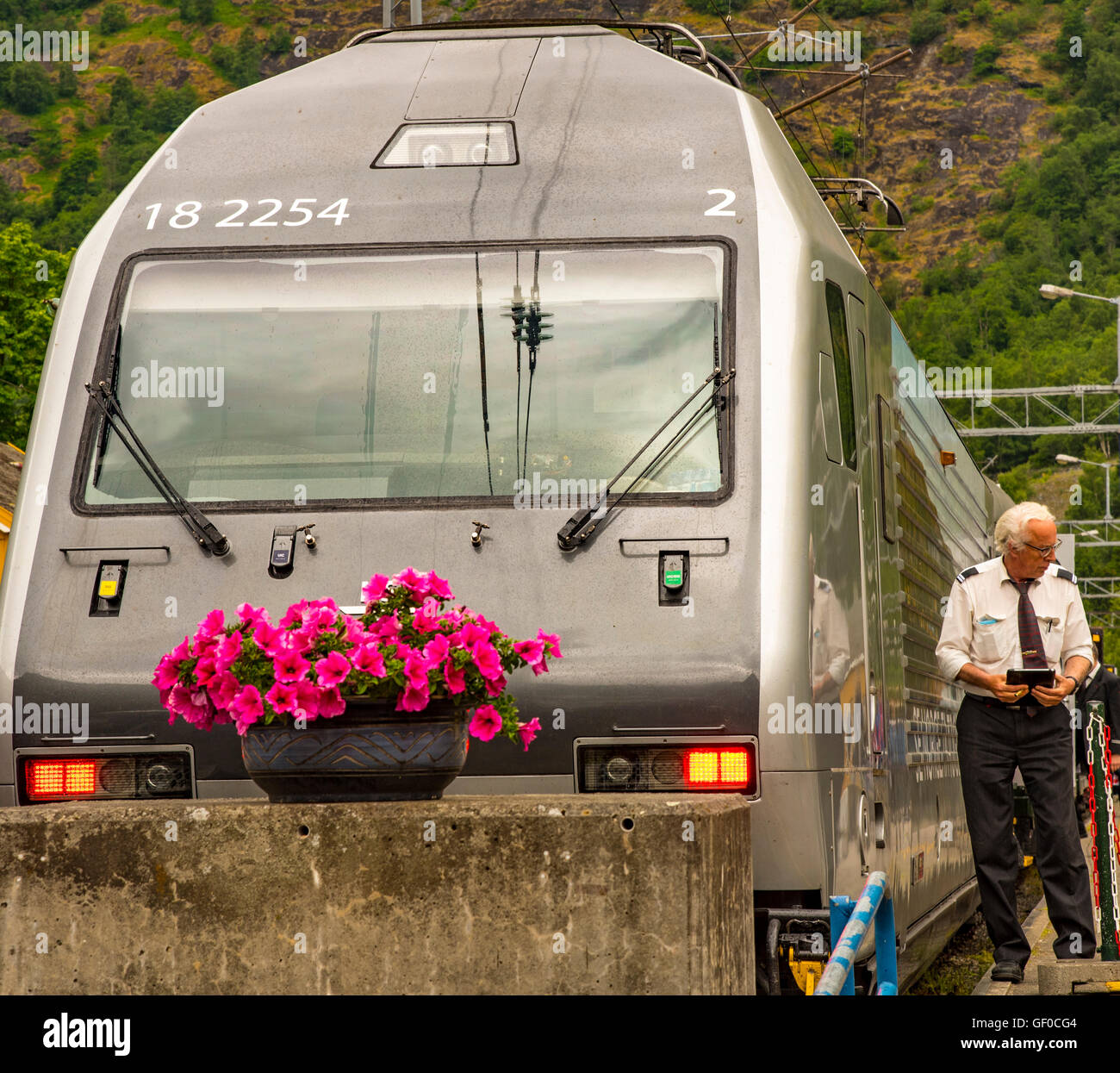 Flam train and conductor on tracks ready for departure, Flam, Norway, Scandanavia, European Stock Photo