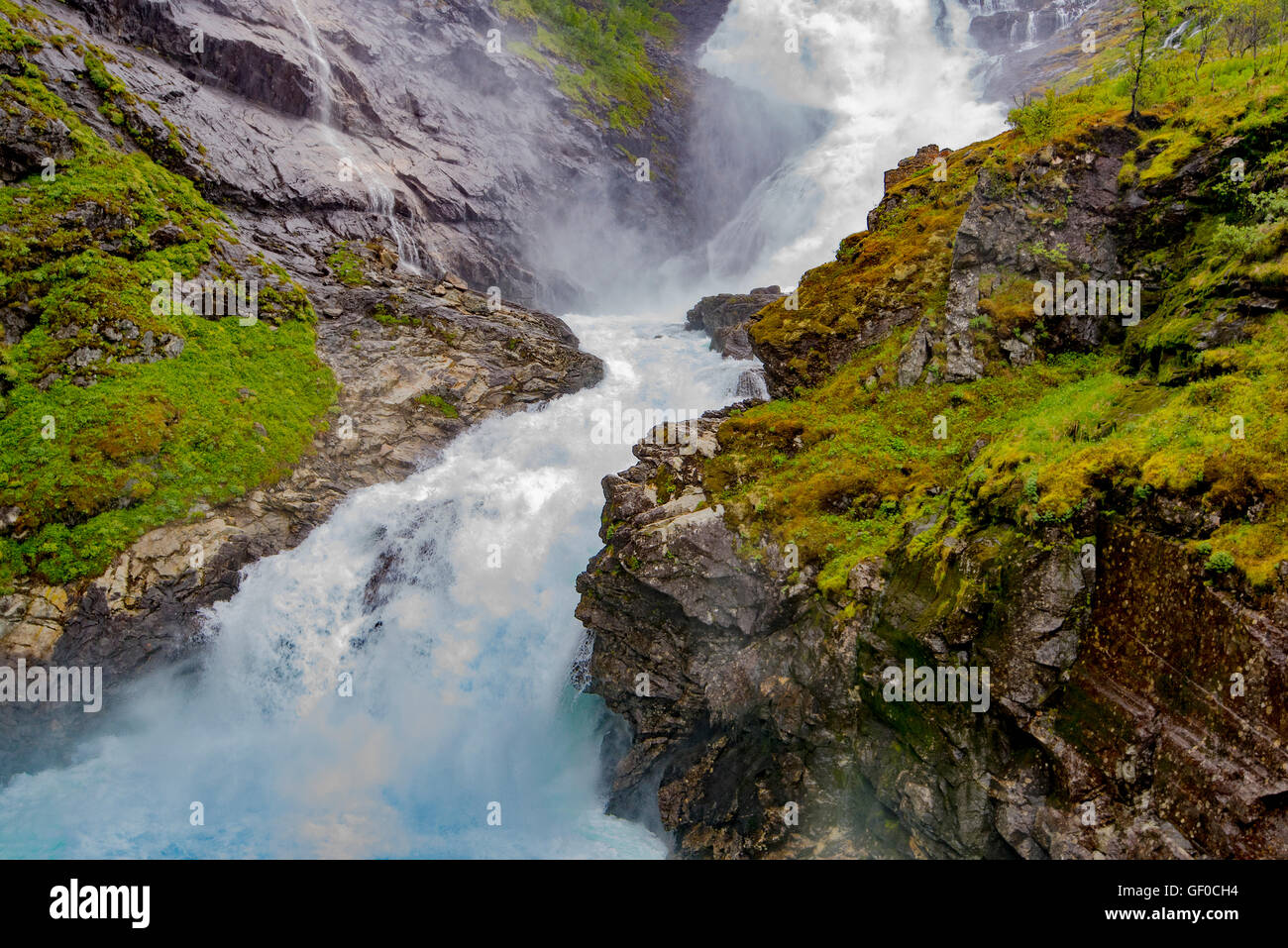 Kjosfossen Waterfalls, photo taken from Flam Train Bridge, Flam, Norway, Scandanavia, European Stock Photo