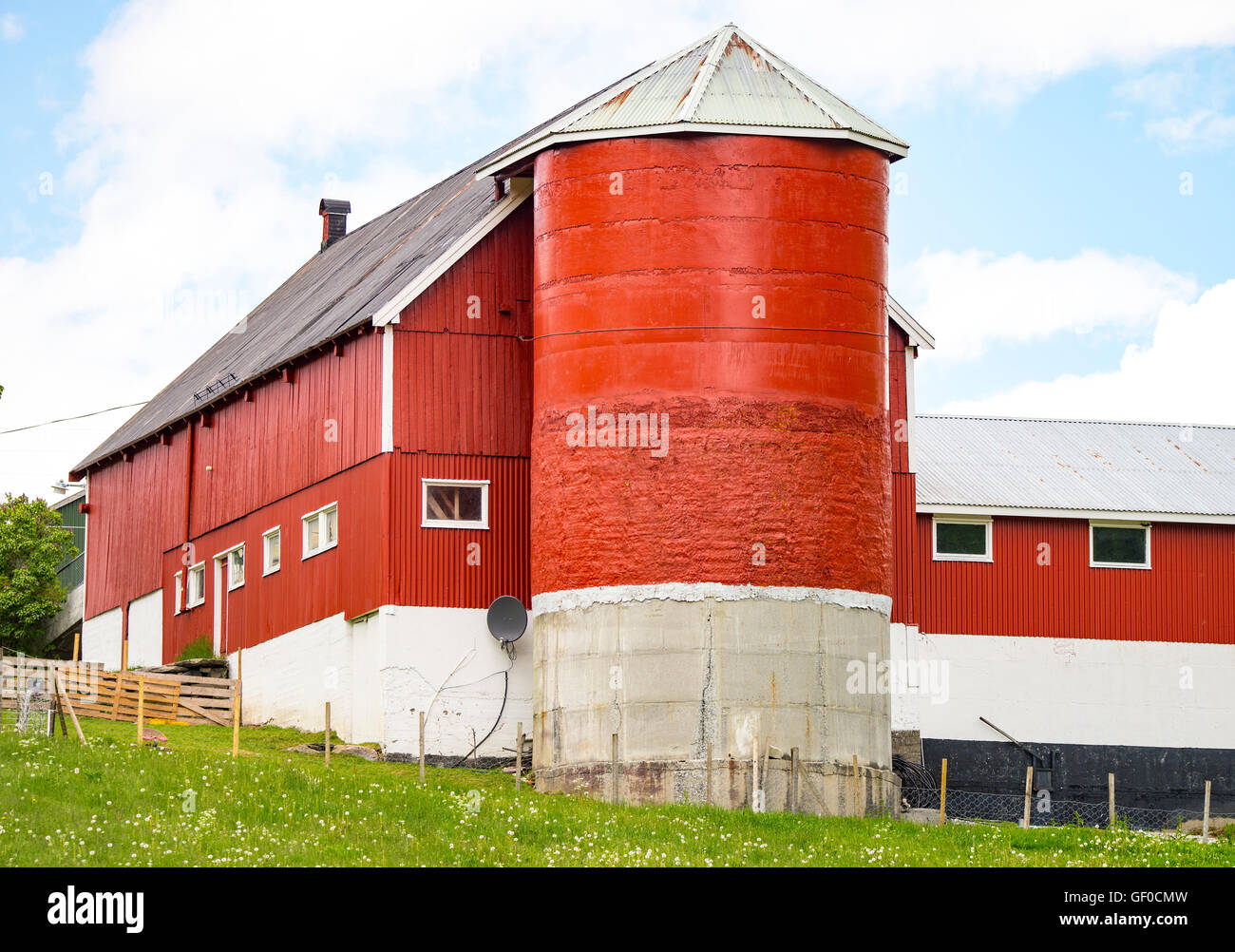 Red Barn and Silo on a farm near Bergen, Norway, Scandinavia, European Stock Photo
