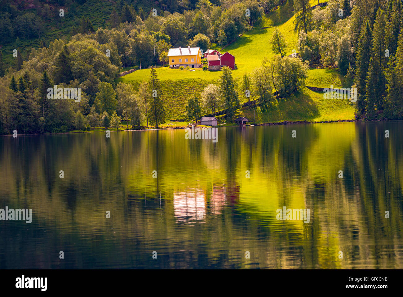 Colotful Farm Landscape reflecting in mountian lake. Between Bergen and Alesund, Norway, Scandanavia, European Stock Photo