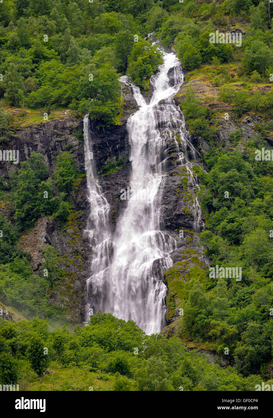 Cascading Waterfalls, Pictures taken from Flam Train, Flam, Norway, Scandanavia, European Stock Photo