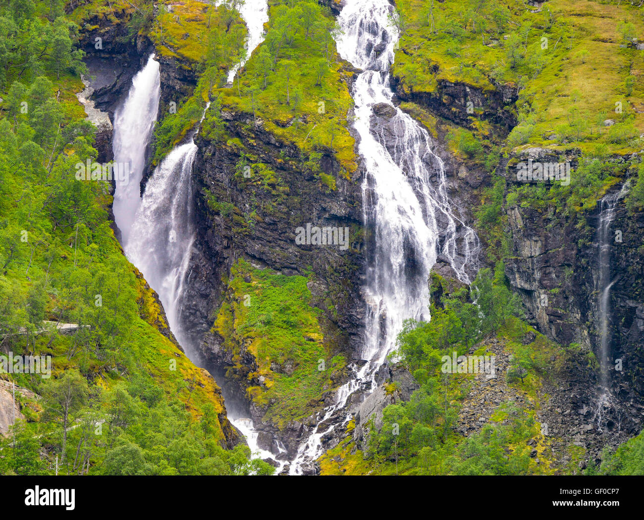 Cascading Waterfalls, Pictures taken from Flam Train, Flam, Norway, Scandanavia, European Stock Photo