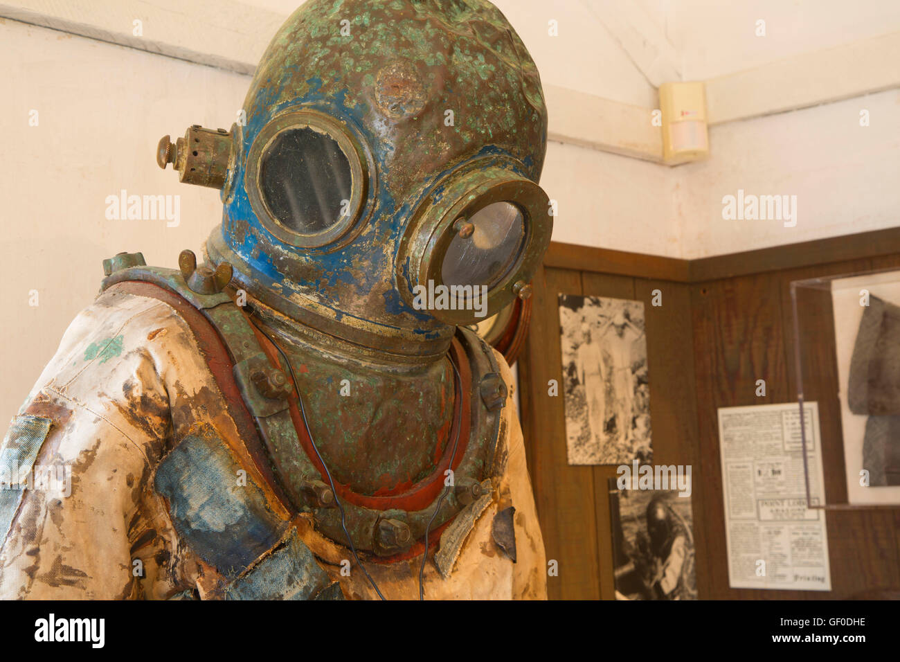 Whalers Cabin diving helmet display, Point Lobos State Reserve, Big Sur Coast Highway Scenic Byway, California Stock Photo