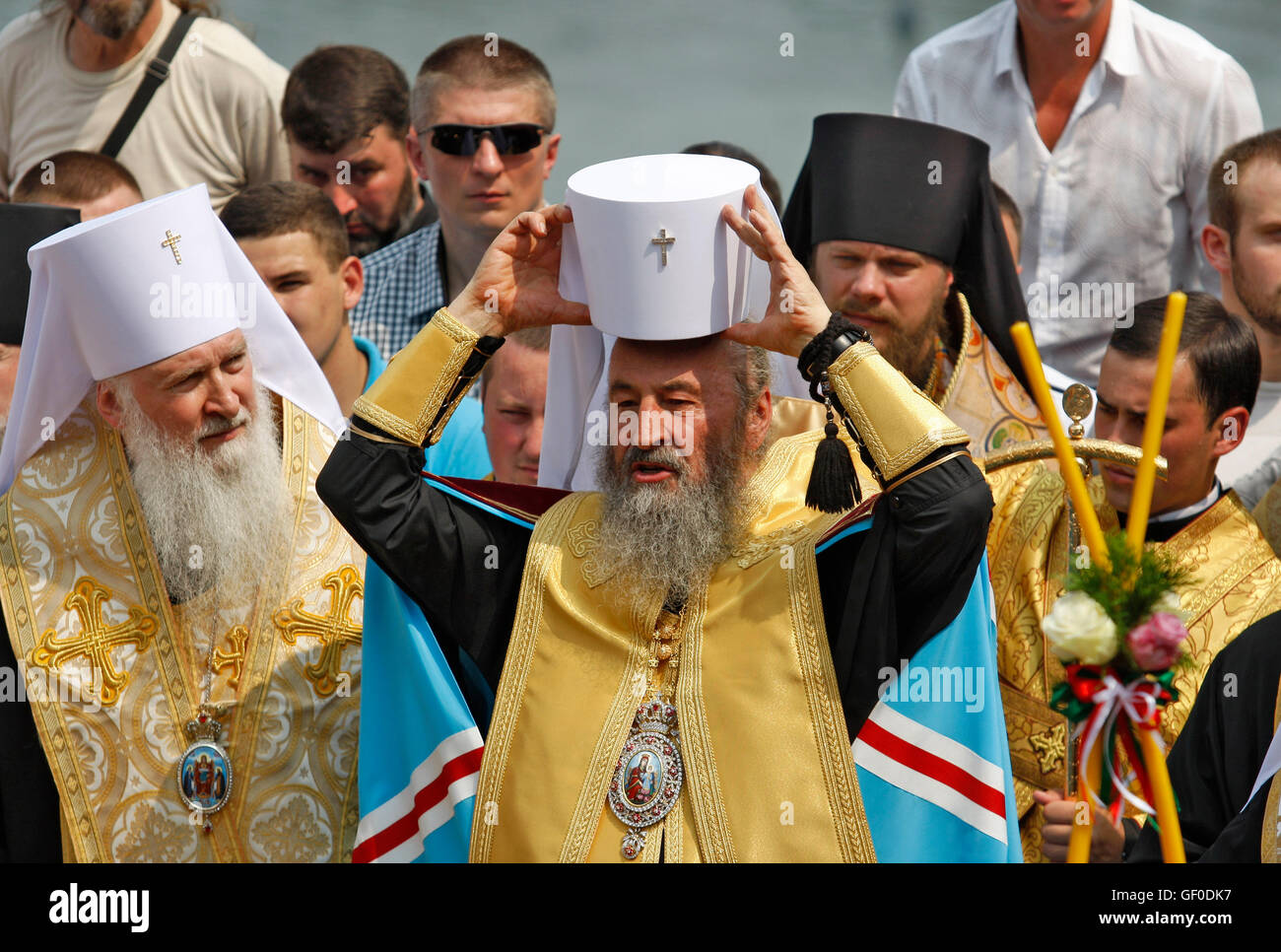 The Head of the Ukrainian Orthodox Church of the Moscow Patriarchate Metropolitan Onufry (C) attends a prayer service at the St. Vladimir's Hill in Kiev, on July 27, 2016. Ukrainian believers, priests and nuns of Ukrainian Orthodox Church of Moscow Patriarchy took part in a procession of the cross to mark the anniversary of the Baptism of Kievan Rus in Kiev. But supporters of the Ukrainian Orthodox Church of Kiev Patriarchy believe that the procession of the cross is organized by pro-Russian powers to destabilize the political situation in the country. (Photo by Vasyl Shevchenko/ Pacific Press Stock Photo