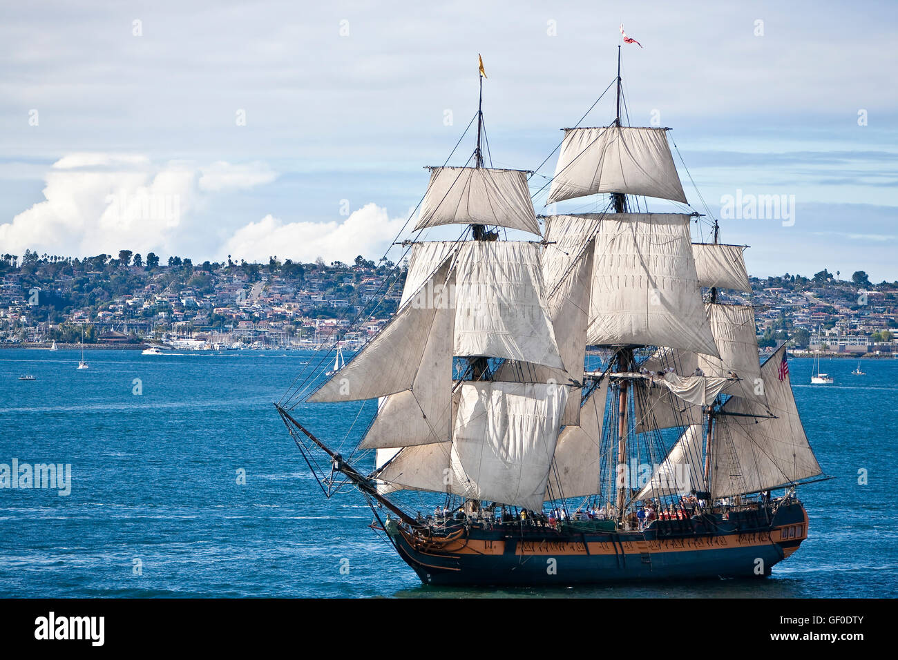 Tall Sailing Ship HMS Surprise, on San Diego Bay, CA US, is a Stock