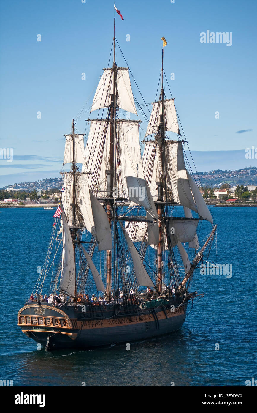 Tall Sailing Ship HMS Surprise, on San Diego Bay, CA US, is a Stock