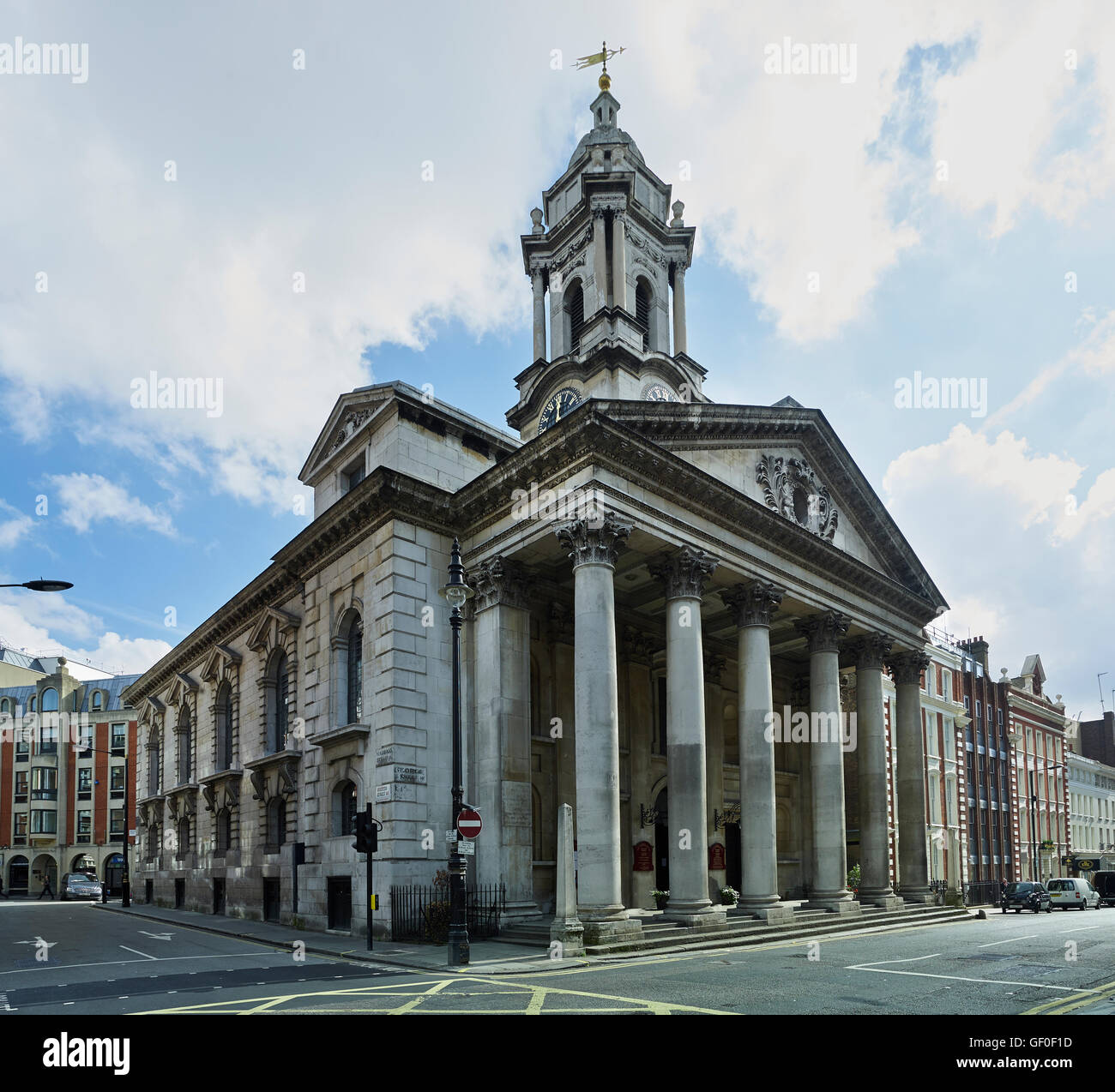 St George's Hanover Square. Portico and tower; built by John James between 1721 and 1725. Stock Photo