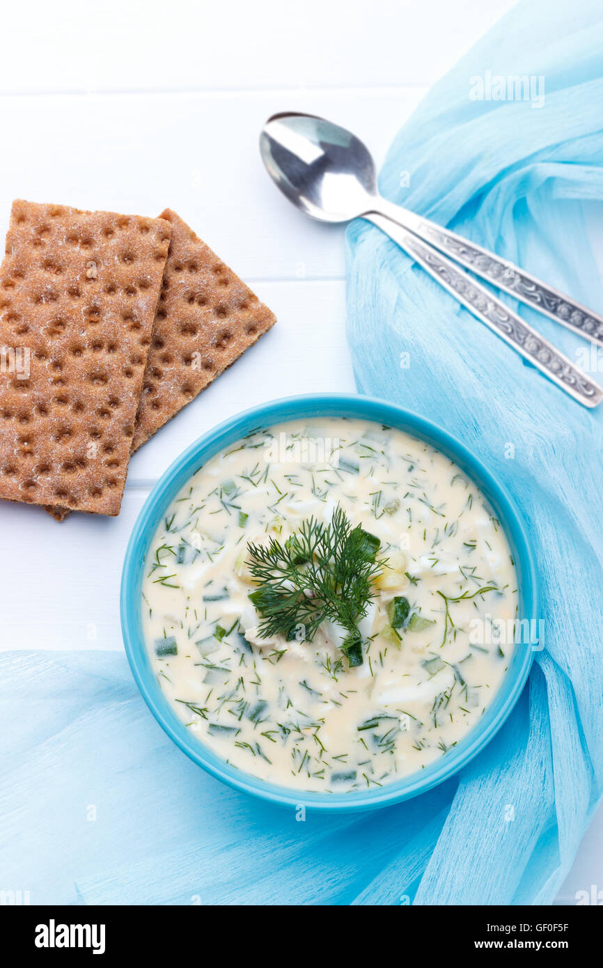 Cold Spring Soup Spring, summer cold soup with cucumbers,potato,dill, chicken and eggs ...
