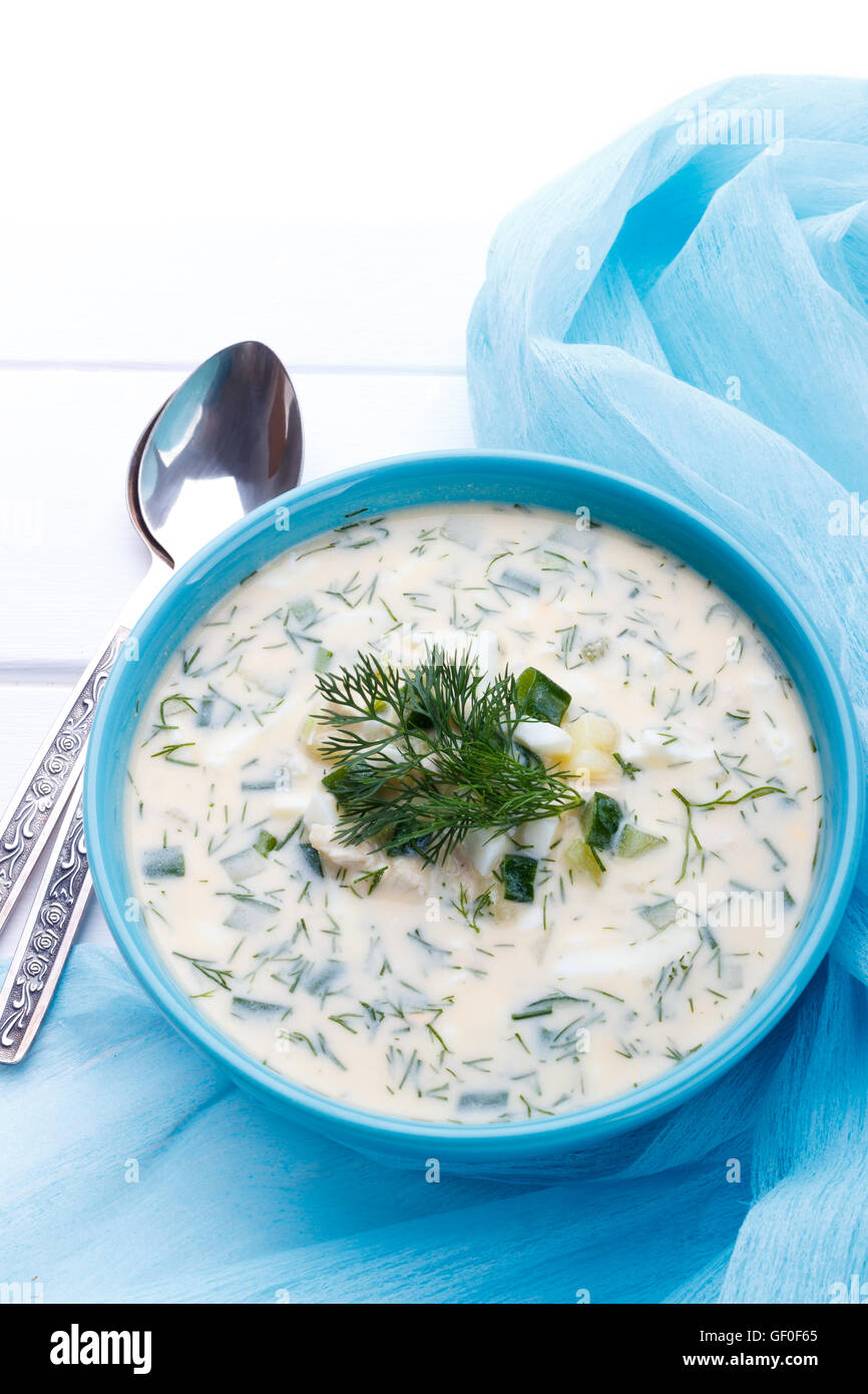 Cold Spring Soup Spring, summer cold soup with cucumbers,potato,dill, chicken and eggs ...